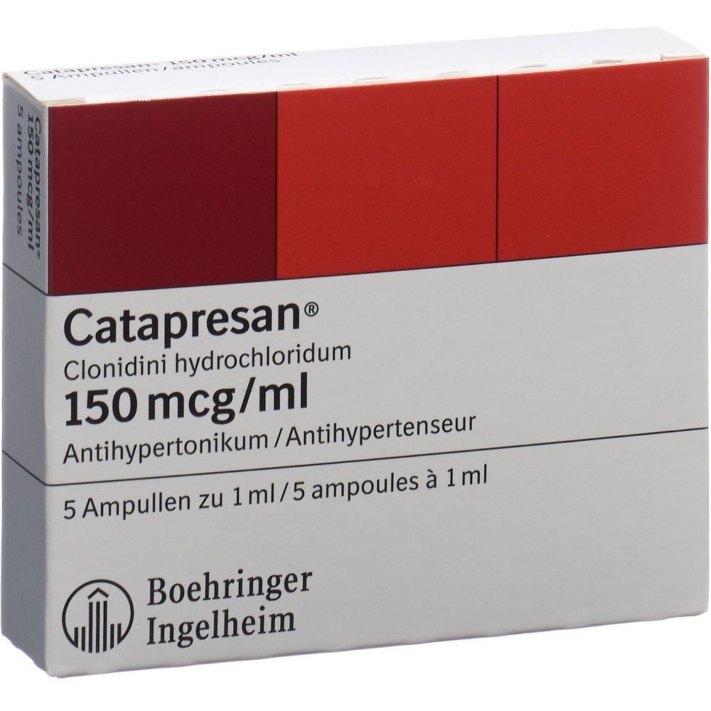Karton mit rotem und weißem Design. Aufschrift: Catapresan 150 mcg/ml. Logo von Boehringer Ingelheim.