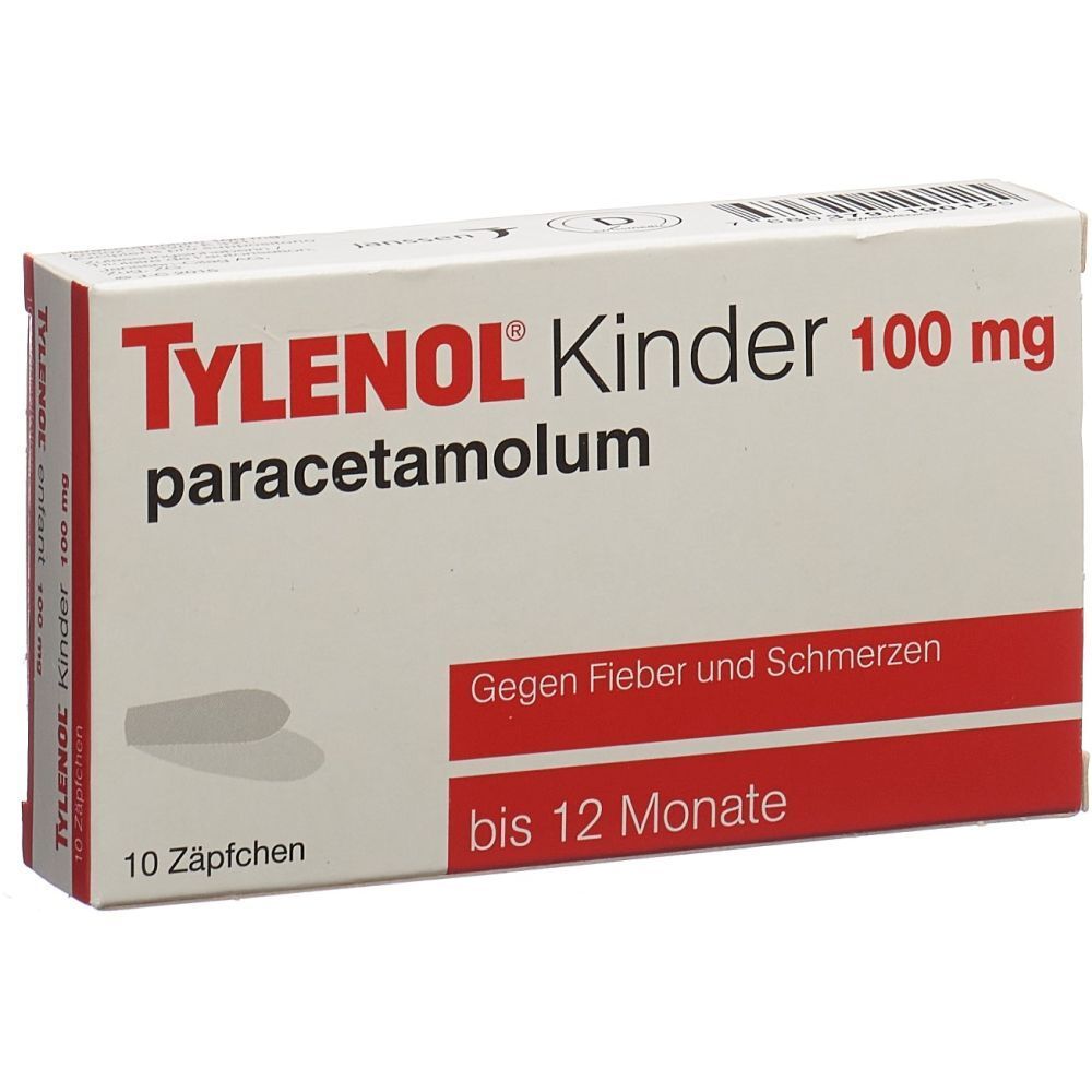 Weiße Schachtel mit roter Schrift. Aufschrift: TYLENOL Kinder 100 mg, paracetamolum. Enthält 10 Zäpfchen. Gegen Fieber und Schmerzen. Für Kinder bis 12 Monate.