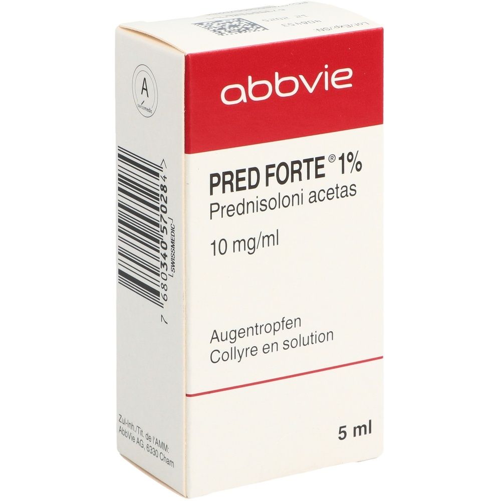 Kartonverpackung mit Produktnamen PRED FORTE 1%. Enthält Augentropfen. Enthält 5 ml. Marke: Abbvie.