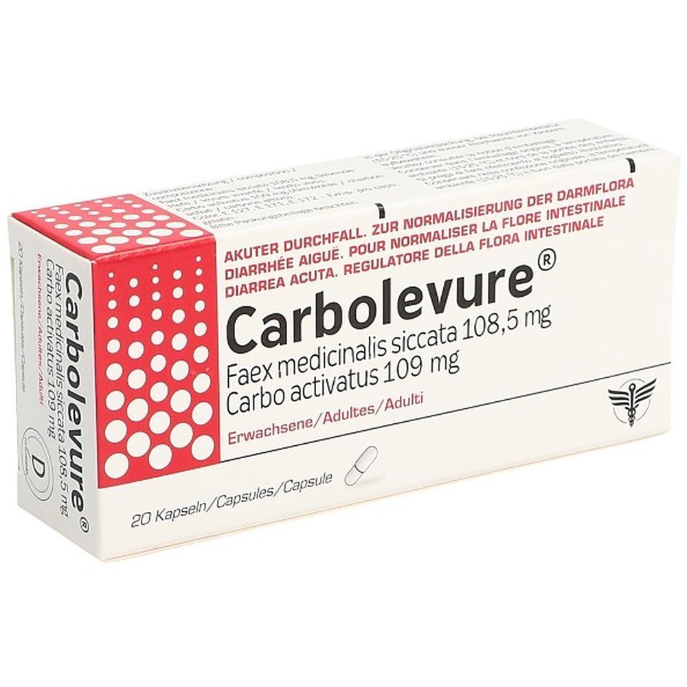Boîte blanche avec coin rouge. Inscription Carbolevure, ingrédients et 20 gélules. Texte en allemand, français et italien.
