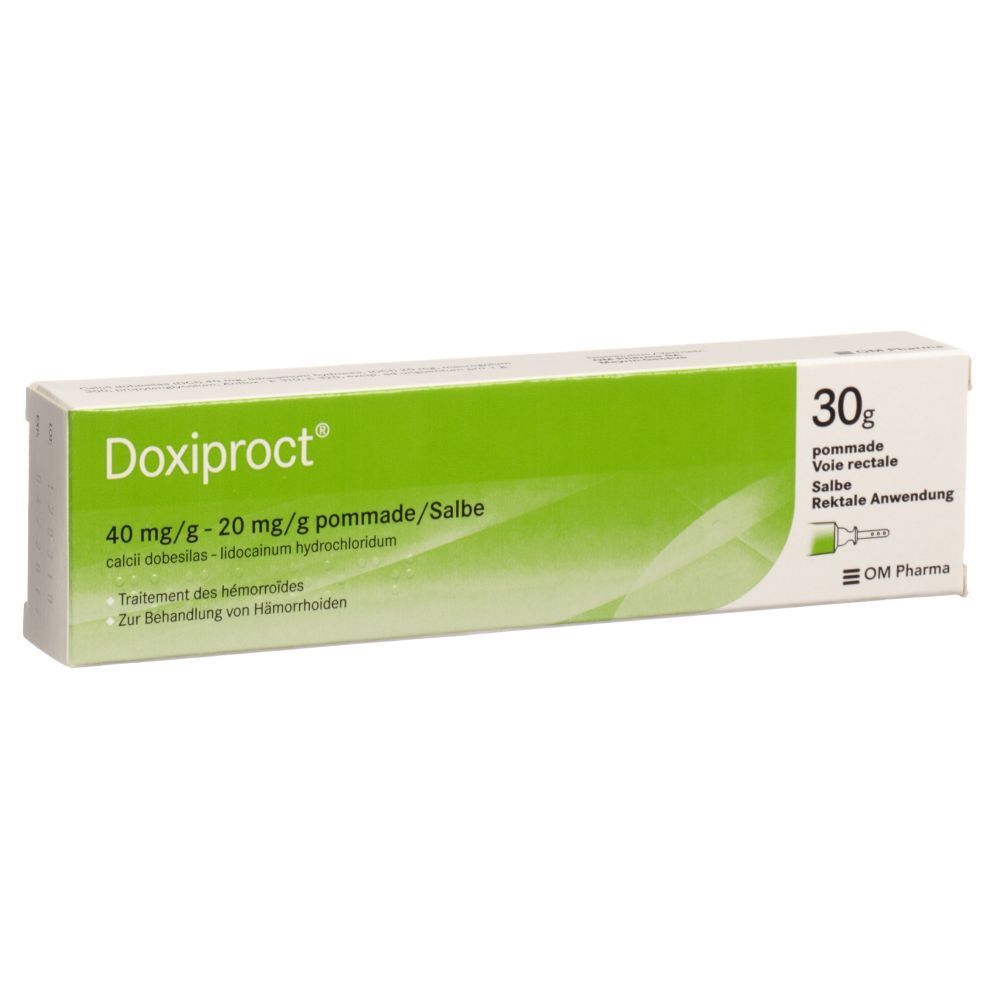 Verpackung von Doxiproct Salbe. Grün-weiße Schachtel mit Produktnamen, Inhaltsstoffen und Anwendungsangaben. 30g.