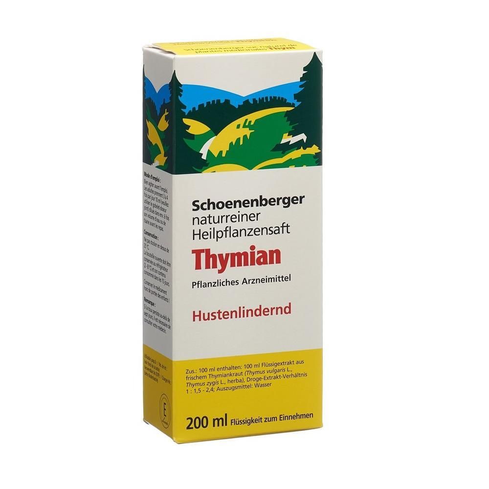 Kartonverpackung mit Thymian-Produkt. Aufschrift: Schoenenberger, Thymian, Husten lindernd. 200 ml Flüssigkeit.