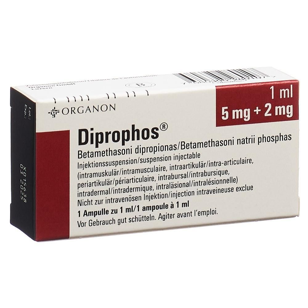 Karton mit Produktnamen Diprophos®. Enthält 1 ml Ampulle. Aufschrift: 5 mg + 2 mg. Herstellerlogo Organon. Text in Deutsch und Französisch.