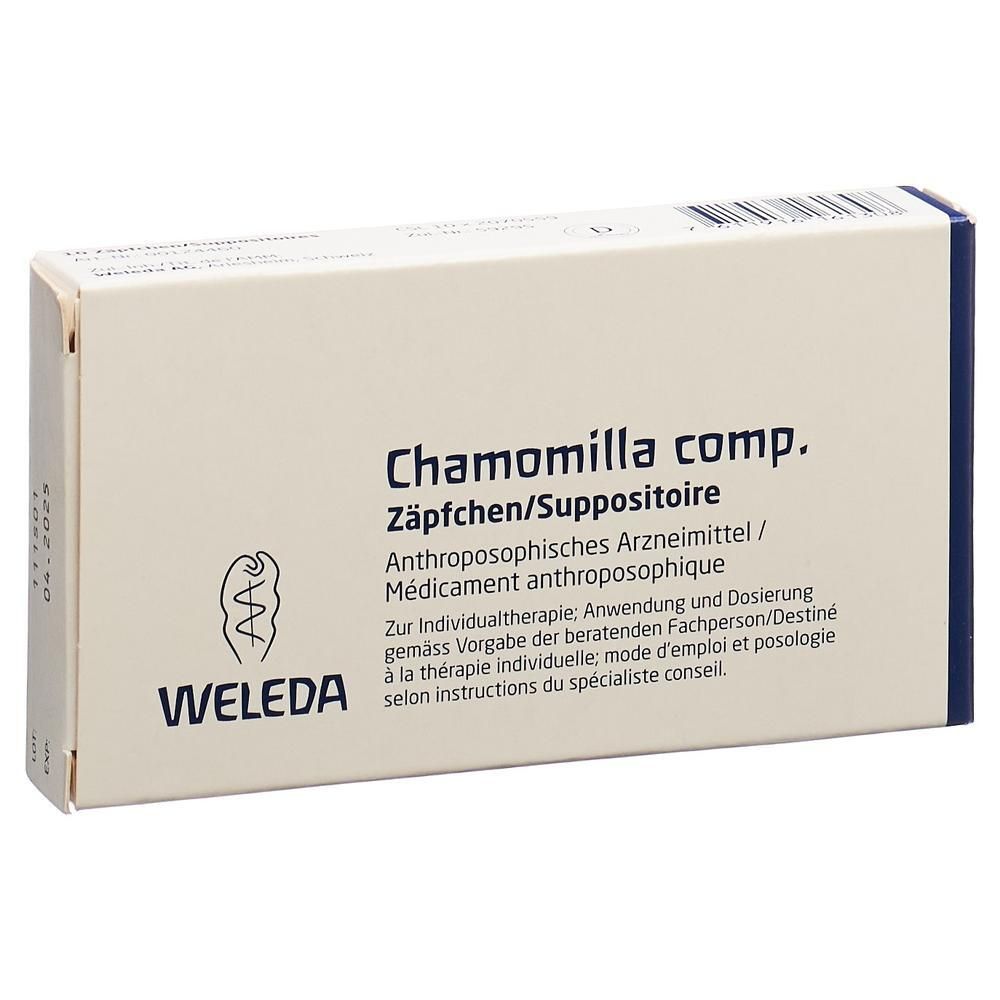 Karton mit Aufschrift "Chamomilla comp. Zäpfchen/Suppositoire". Marke WELEDA. Anthroposophisches Arzneimittel. Text in Deutsch und Französisch.