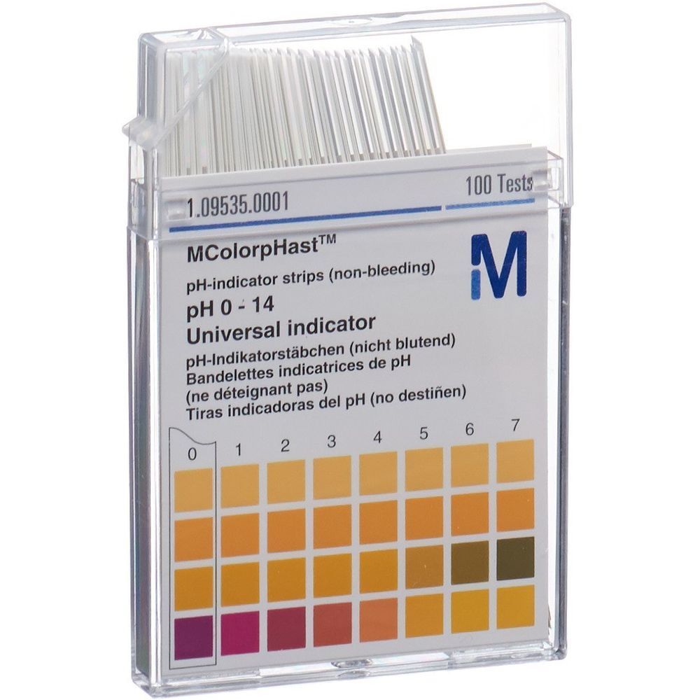 Bandelettes indicatrices de pH dans un boîtier transparent. Échelle de couleurs de 0 à 14. Inscription : MColorpHast, pH 0-14.