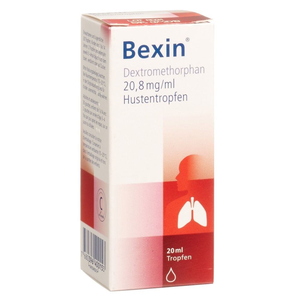 Kartonverpackung mit Produktnamen BEXIN. Rote und weiße Farbgebung. Text und Logo auf der Vorderseite.