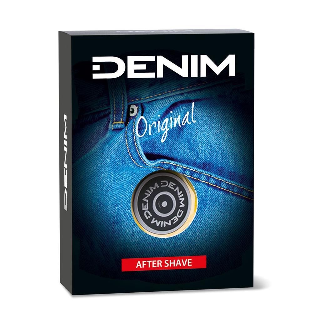Schwarze Verpackung mit Denim-Design. Aufschrift: DENIM Original After Shave. Abbildung eines Rasierwasser-Behälters.