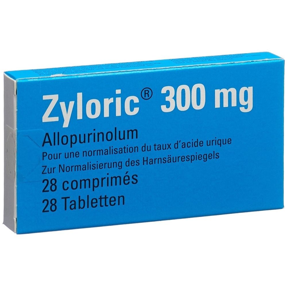 Blaue Tablettenbox mit der Aufschrift "Zyloric 300 mg". Die Packung enthält 28 Tabletten.
