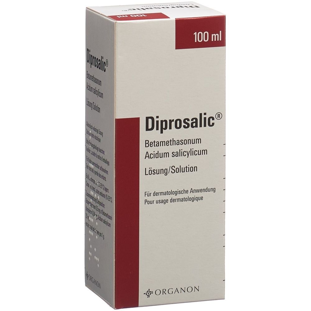 Karton mit rotem Streifen. Aufschrift: Diprosalic, Betamethasonum, Acidum salicylicum, Lösung/Solution. Für dermatologische Anwendung. 100 ml.