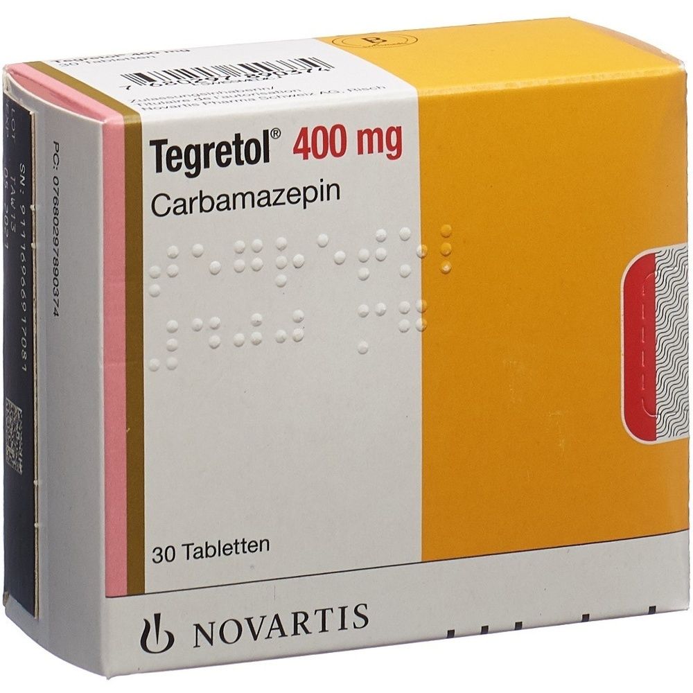Boîte de médicaments Tegretol 400 mg. Contient 30 comprimés. Inscriptions en blanc sur fond jaune et blanc. Logo du fabricant.