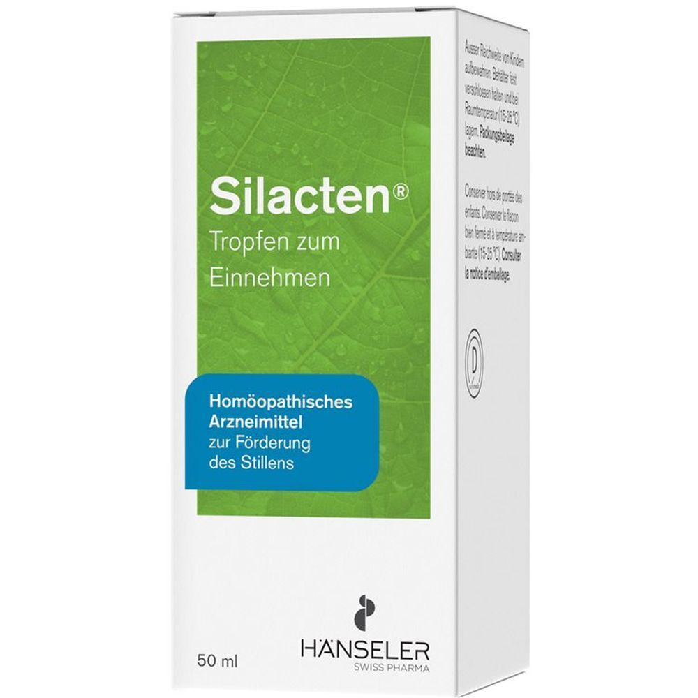 Verpackung von Silacten Tropfen. Homöopathisches Arzneimittel zur Förderung des Stillens. 50 ml. Hanseler Swiss Pharma.