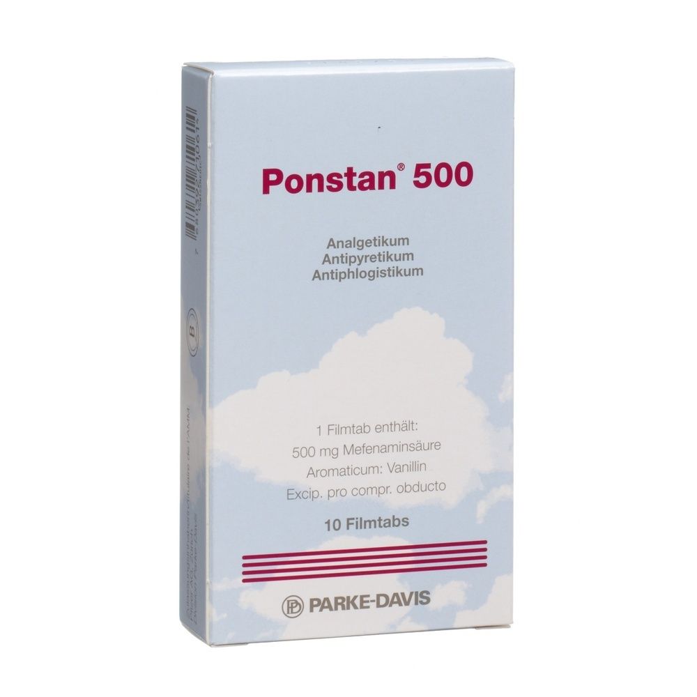 Verpackung von Ponstan 500 Filmtabs. Enthält 10 Filmtabs. Aufschrift: Analgetikum, Antipyretikum, Antiphlogistikum. Marke: PARKE-DAVIS.