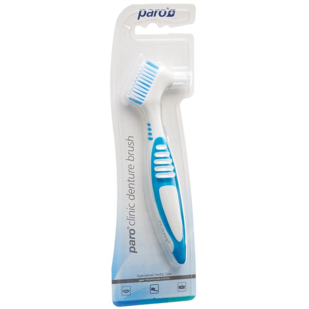 Paro Clinic Denture Brush mit blau-weißem Griff und zwei Borstenköpfen.