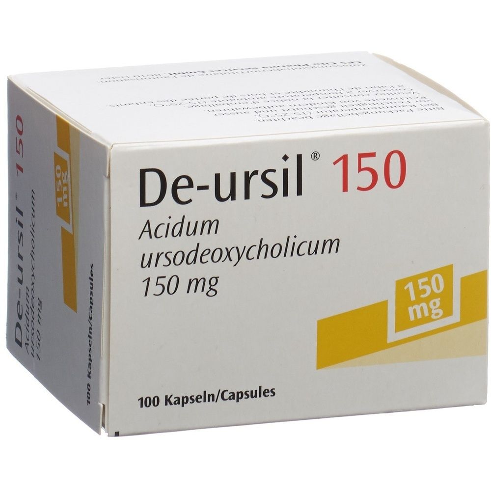 Weiße Schachtel mit roter Aufschrift "De-ursil 150". Enthält "Acidum ursodeoxycholicum 150 mg" und "100 Kapseln/Capsules".