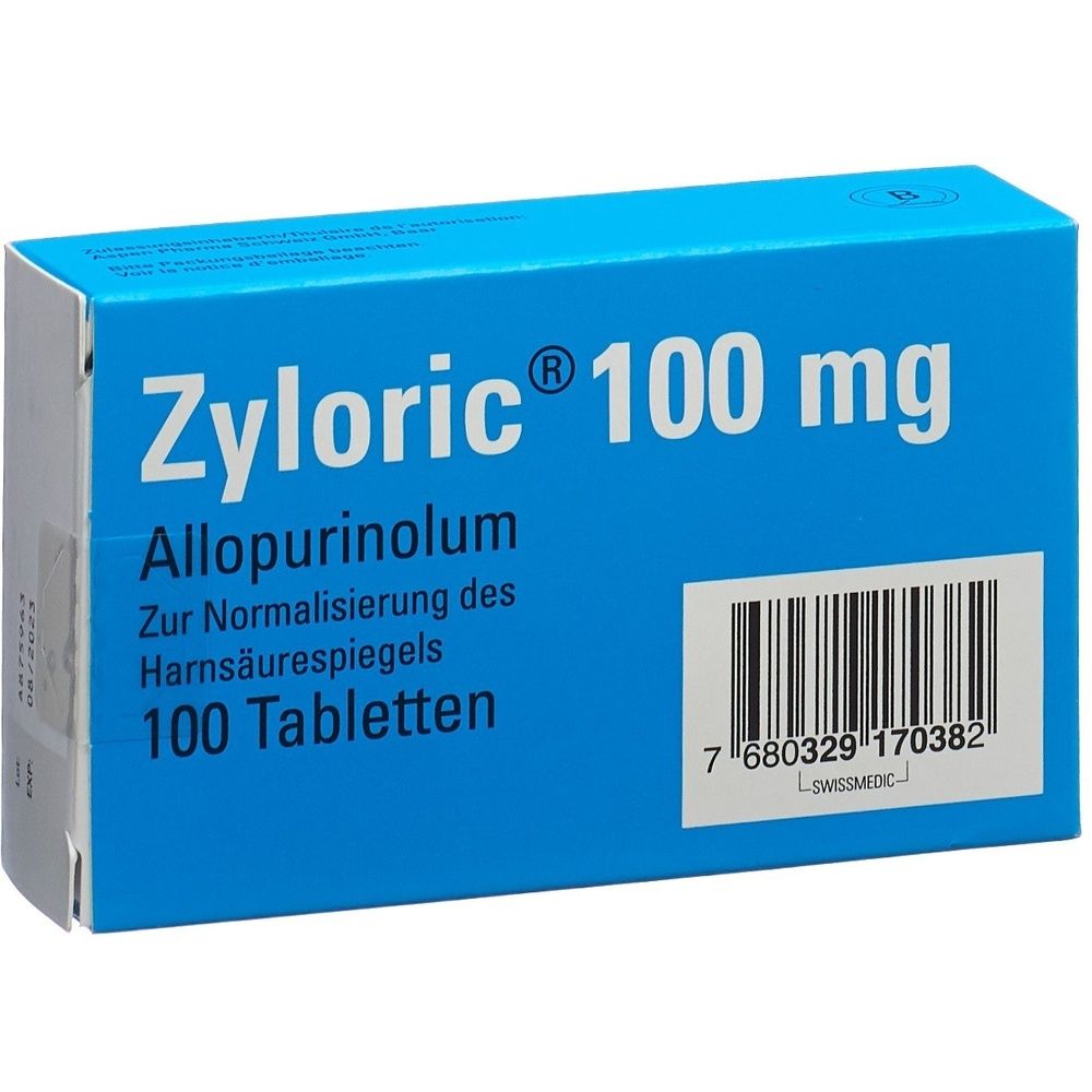 Blaues Schachtel mit der Aufschrift "Zyloric 100 mg". Barcode auf der Seite.