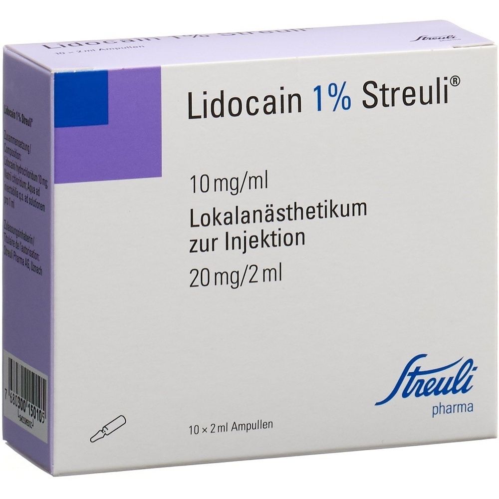 Karton mit Produktbeschriftung. Aufschrift: Lidocain 1% Streuli, 20 mg/2ml. Einzel-Ampullen zur Injektion. Herstellerlogo.