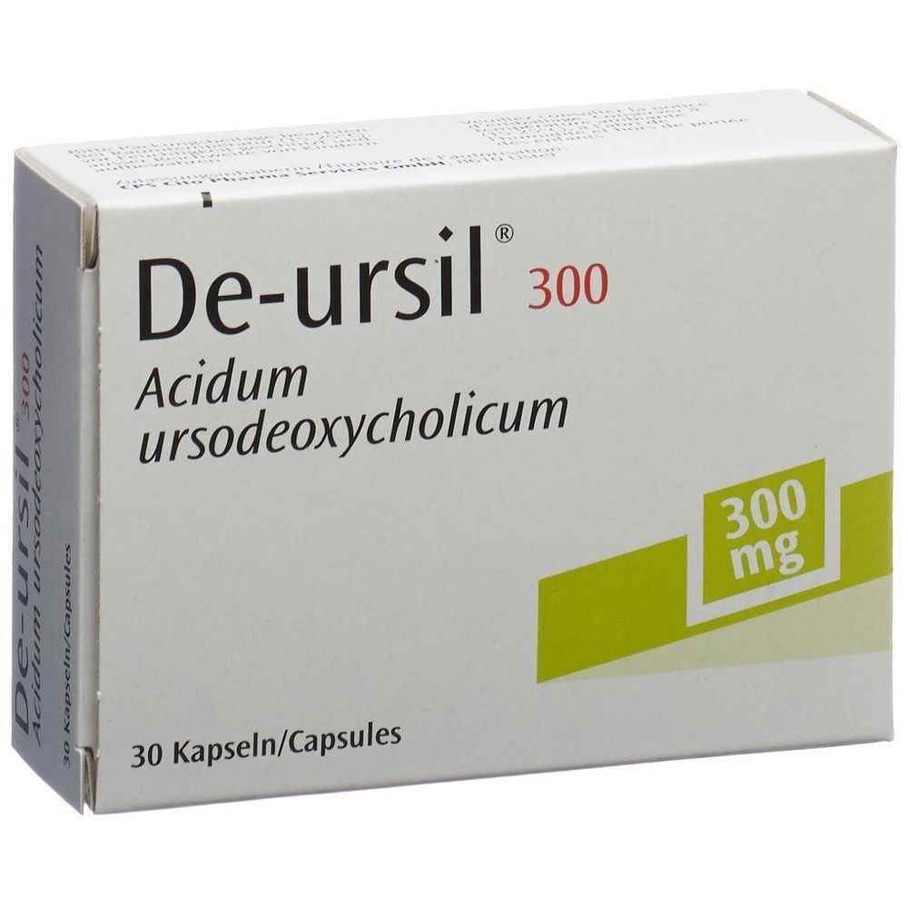 Weiße Schachtel mit "De-ursil 300". Enthält 30 Kapseln. Aufschrift: Acidum ursodeoxycholicum und 300 mg.