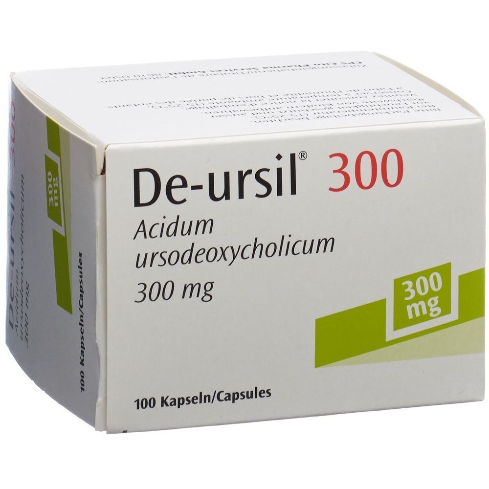 Weiße Schachtel mit Aufschrift "De-ursil 300". Enthält 100 Kapseln. Angaben zu Inhaltsstoffen und Dosierung sind ebenfalls aufgedruckt.