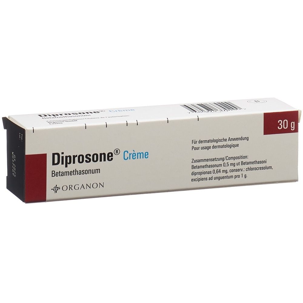 Karton mit Produktnamen und Inhaltsangabe. Aufschrift: Diprosone Crème, 30 g. Für dermatologische Anwendung.