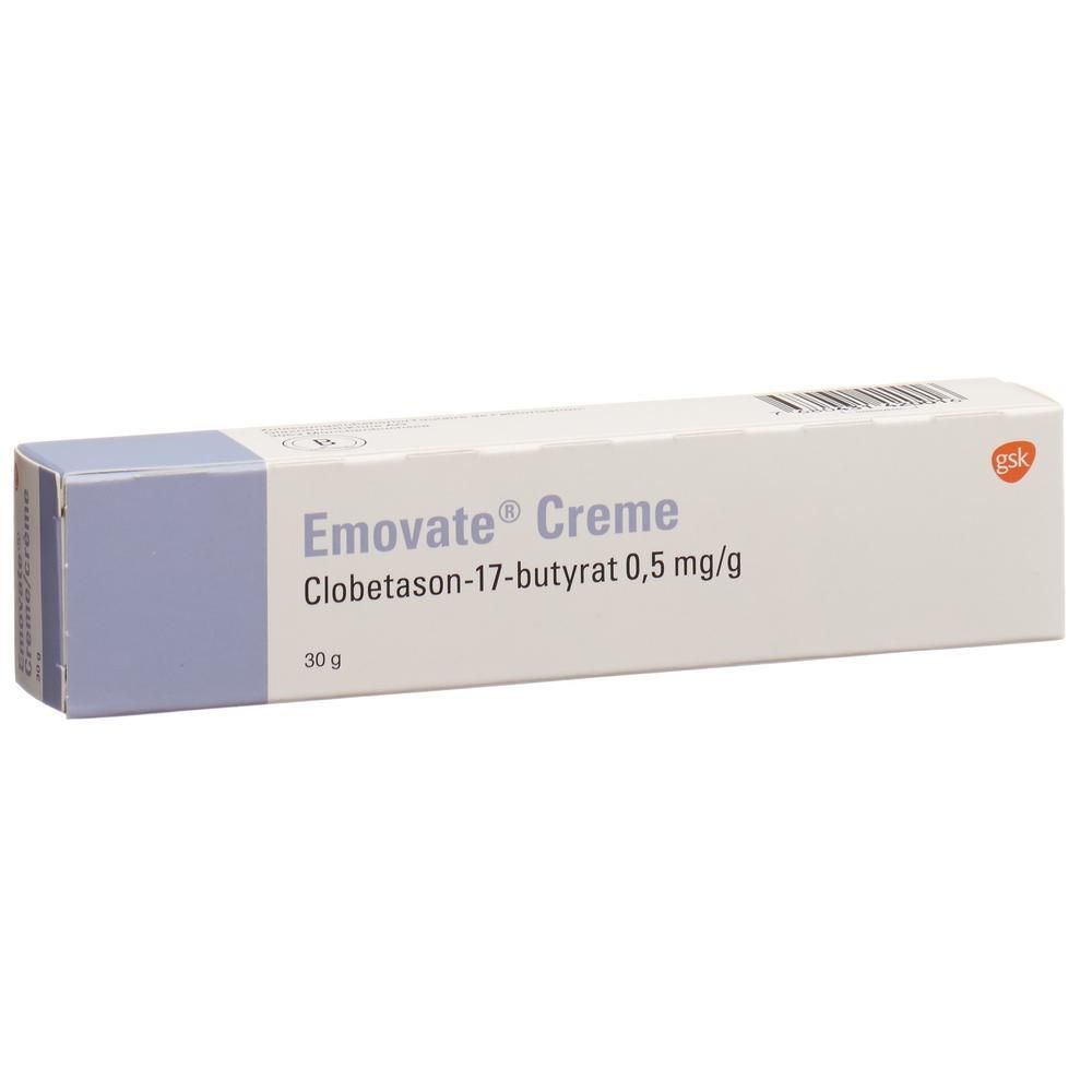 Schachtel mit EMOVATE Creme. Aufschrift: Clobetason-17-butyrat 0,5 mg/g, 30 g. Farbgebung: Weiß, hellblau und orange.