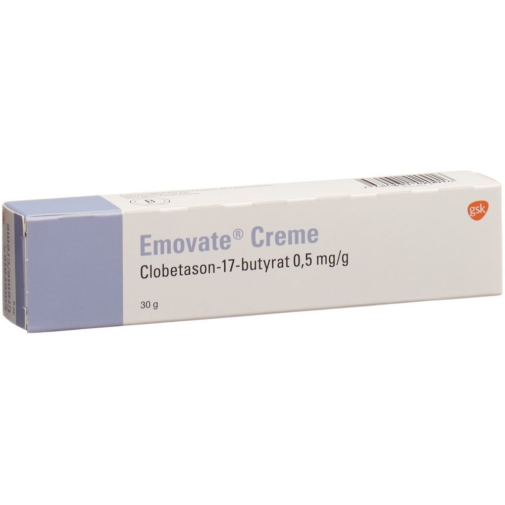 Creme-Tube in Verpackung. Aufschrift: EMOVATE Creme, Clobetason-17-butyrat 0,5 mg/g. 30 g. Farbgebung: Weiß, Blau.