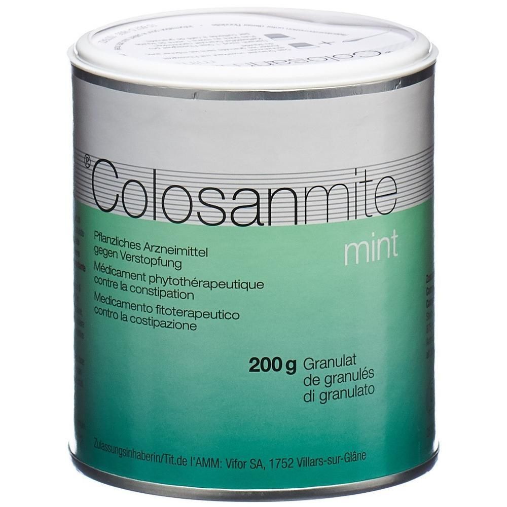 Runde Dose mit weißem Deckel. Aufschrift: Colosanmite mint. Text in Deutsch, Französisch und Italienisch. Inhalt: 200g Granulat.