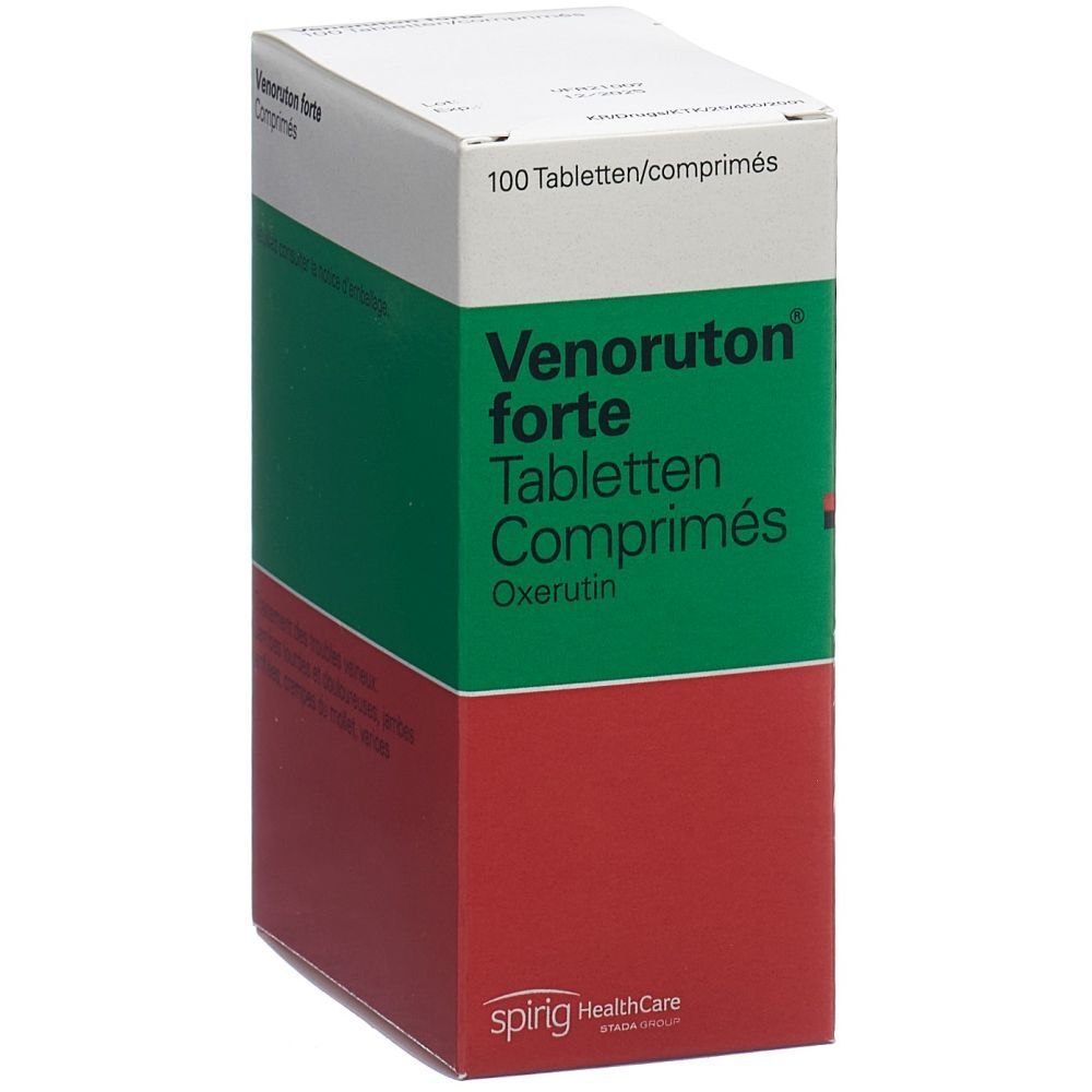Verpackung von Tabletten. Grün-weiß-roter Karton mit Aufschrift 'Venoruton forte'. Oben steht '100 Tabletten/comprimés'.
