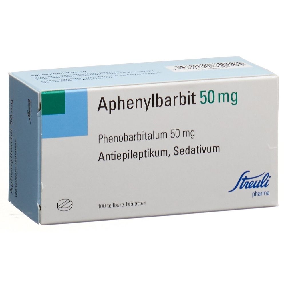 Karton mit Tabletten. Aufschrift: APHENYLBARBIT Streuli Tabl 50 mg. Verpackung mit blauen und weißen Elementen.