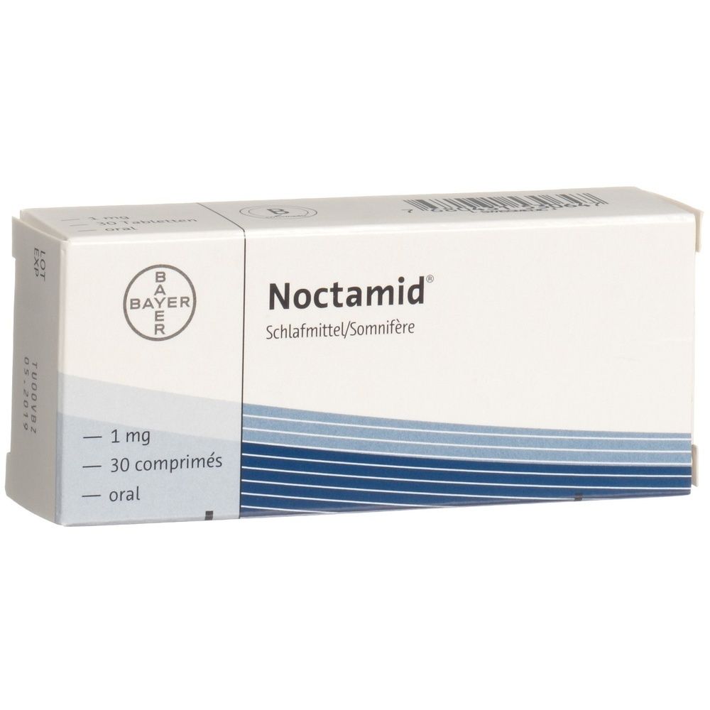 Weiße Medikamentenverpackung mit Bayer-Logo. Aufschrift: Noctamid, 1 mg, 30 comprimés, oral. Verpackung für Schlafmittel.