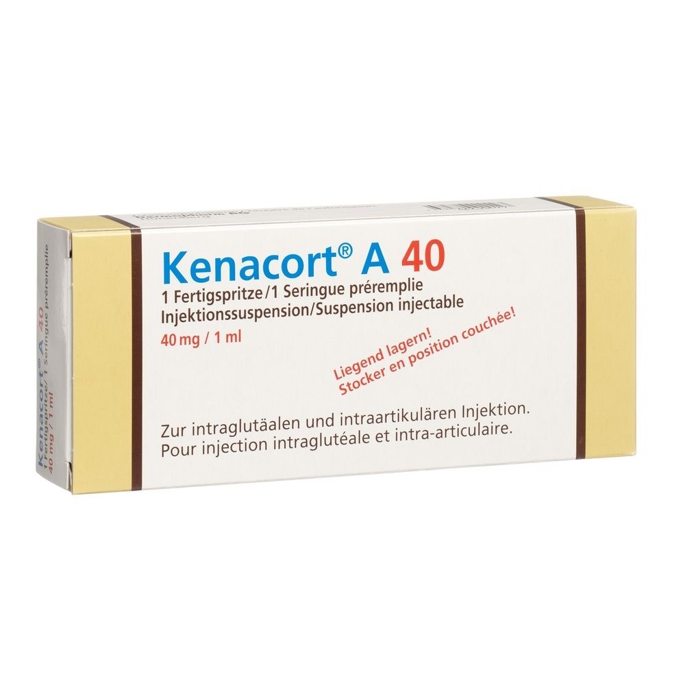 Kartonverpackung mit Produktnamen und -details. Beige und weiße Farbgebung. Text: KENACORT A 40 Inj Susp.