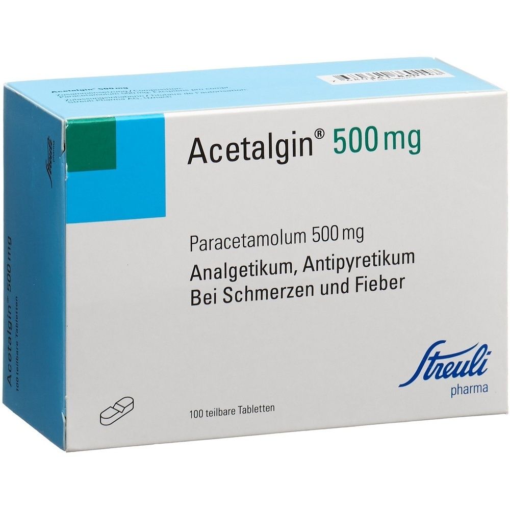 Karton von ACETALGIN Tabl 500 mg. Blau-weiße Verpackung mit Produktnamen und Dosierung. Herstellerlogo unten rechts.