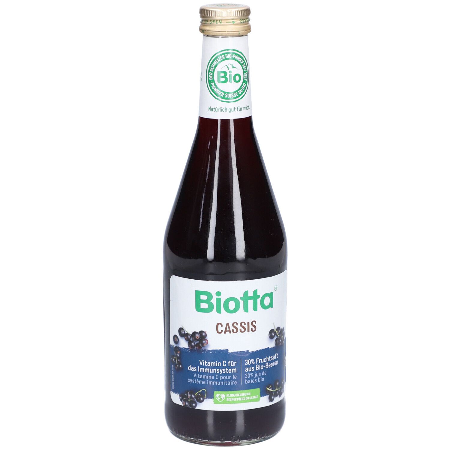 BIOTTA Cassis Flasche. Etikett mit Produktinformationen und Bio-Siegel. Schwarze Johannisbeeren abgebildet.