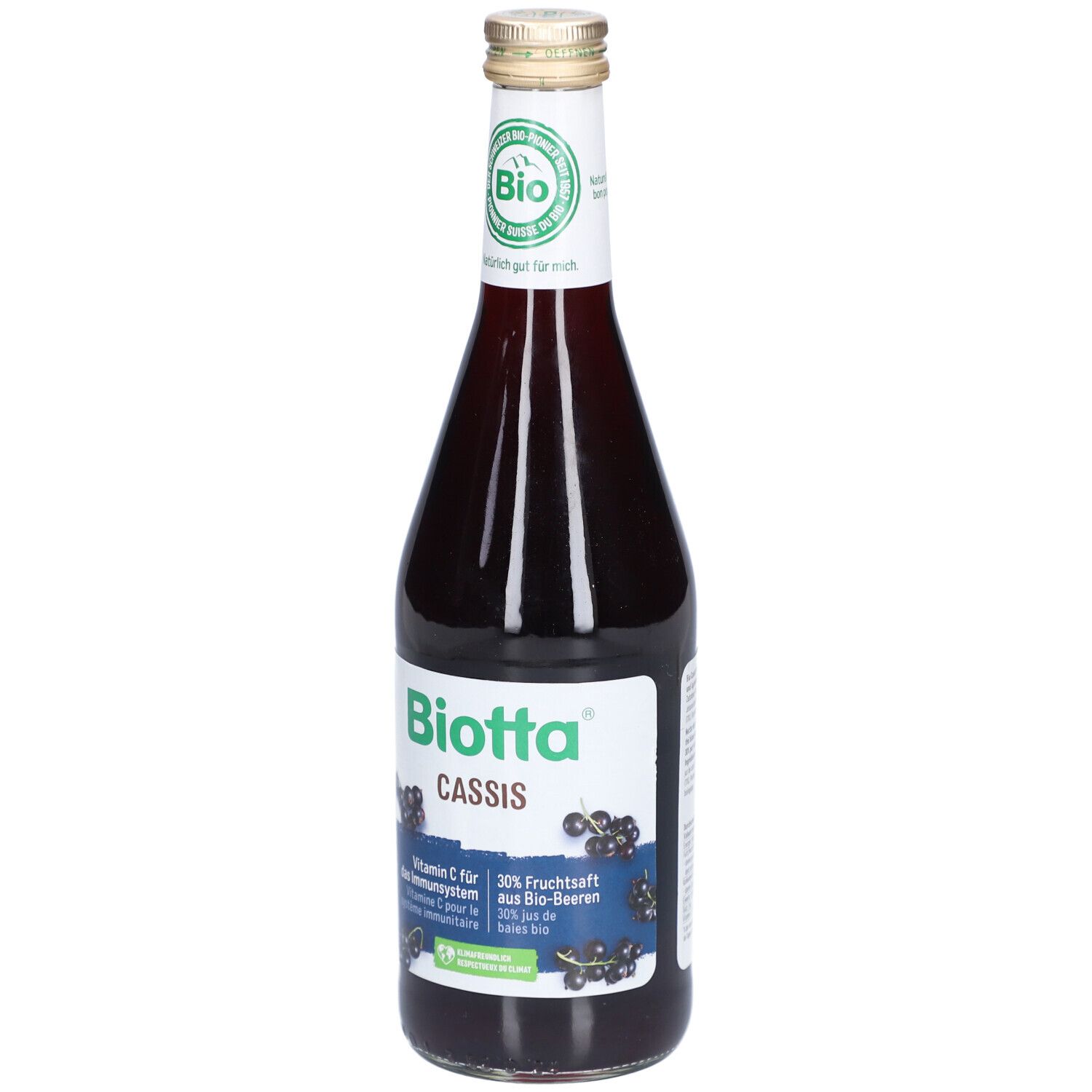 BIOTTA Cassis Flasche. Etikett mit Produktinformationen und Bio-Siegel. Schwarze Johannisbeeren abgebildet.