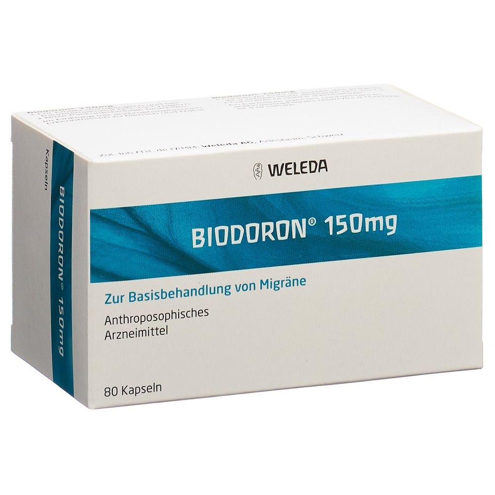 Kartonverpackung mit blauer und weißer Beschriftung. Text: BIODORON Kaps 150 mg. 80 Stk. Aufschrift oben links.