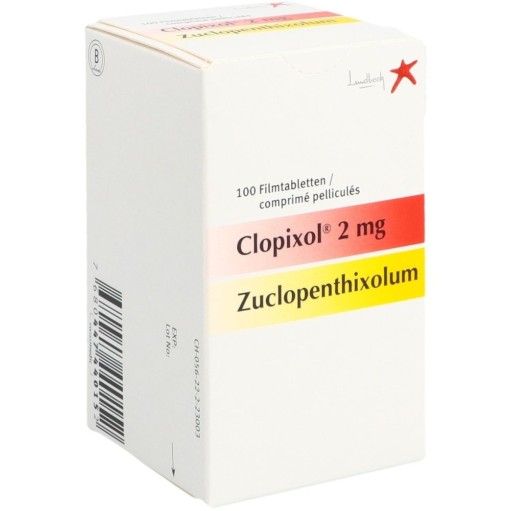 Karton CLOPIXOL Filmtabl 2 mg Ds. Weißer Karton mit roter und gelber Beschriftung. Text: CLOPIXOL, 2 mg, Ds.