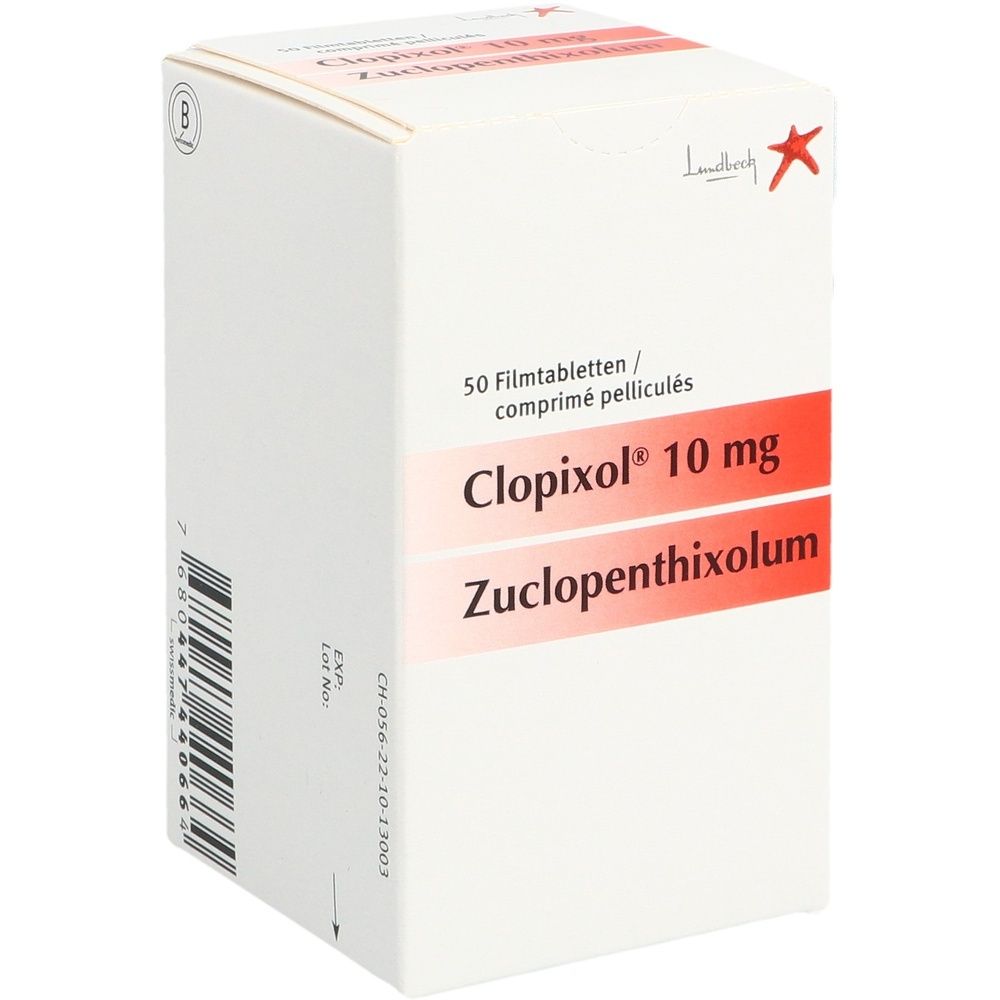 Karton mit roter Schrift. Aufschrift: CLOPIXOL Filmtabl 10 mg Ds 50 Stk. Weißer Hintergrund.