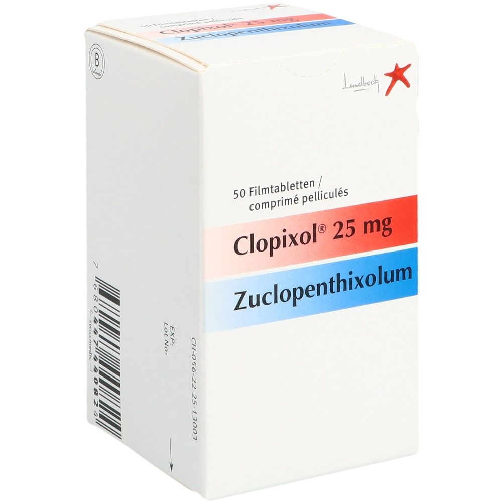 Weiße Medikamentenverpackung mit roter und blauer Beschriftung. Text: Clopixol Filmtabl 25 mg Ds.