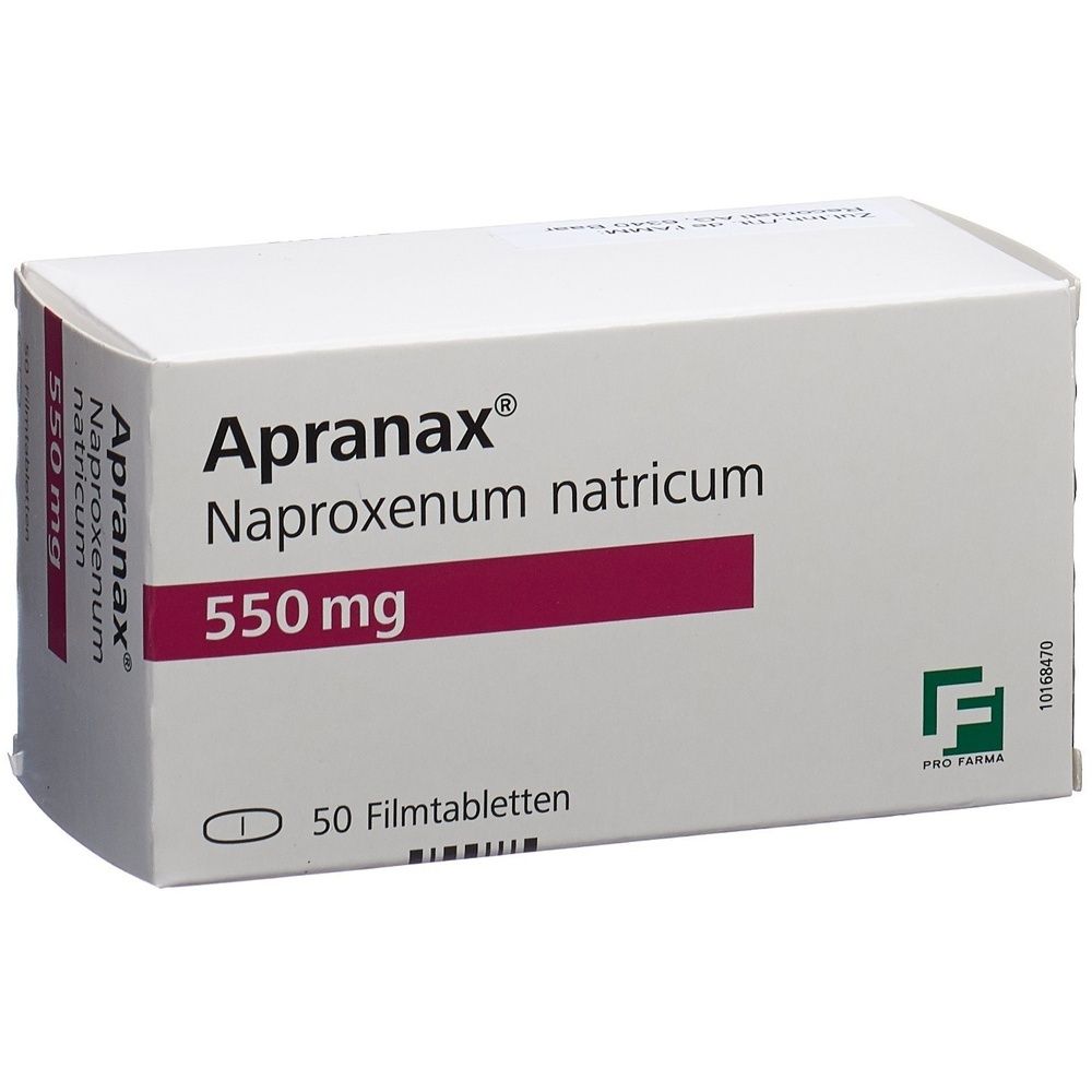 Kartonverpackung mit Produktnamen und Angaben. Rechteckige Form, weiß mit lila Akzenten. Text: Apranax Filmtabl 550 mg.
