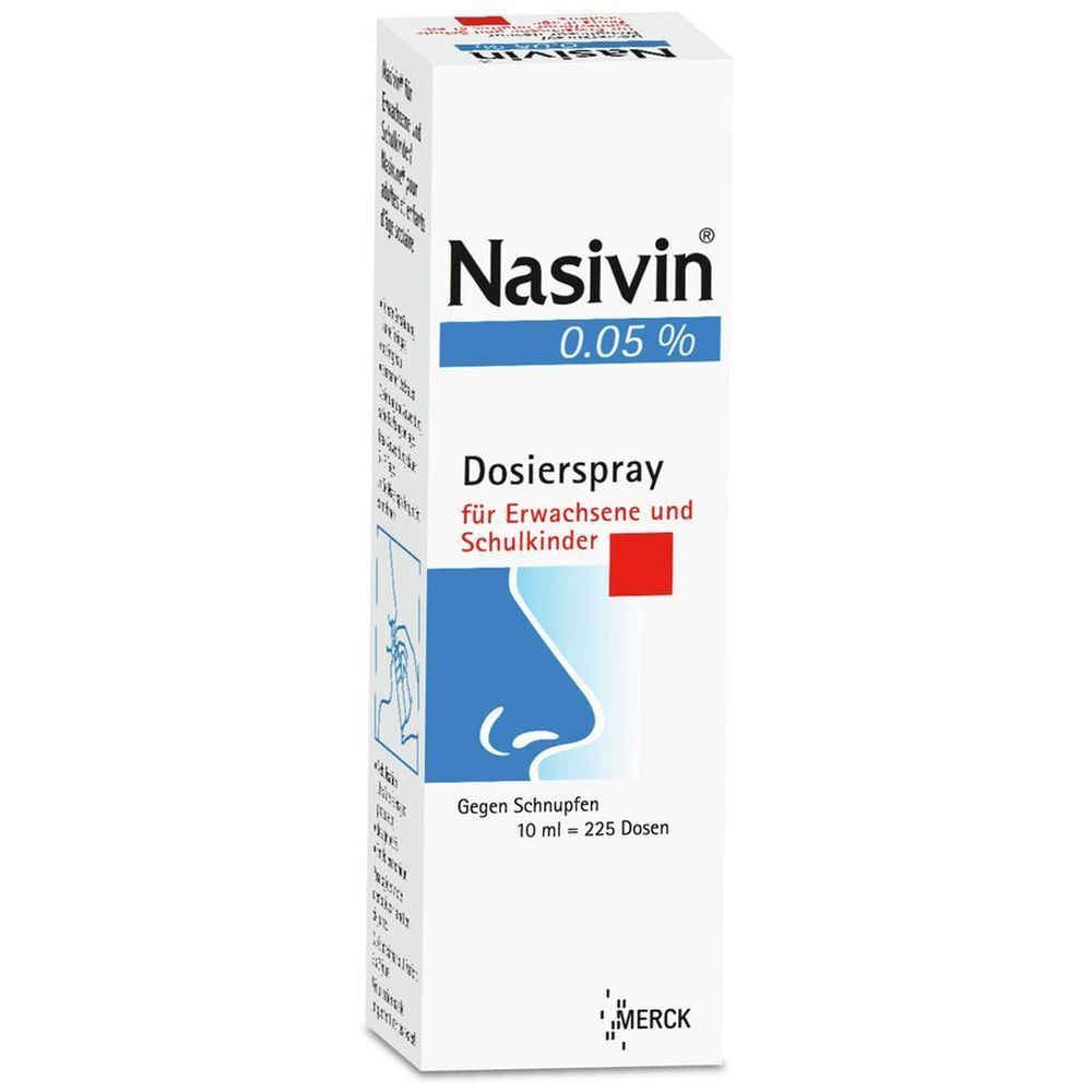 Boîte blanche avec informations produit. Inscription: Nasivin 0,05%, spray nasal, pour adultes et enfants d'âge scolaire.