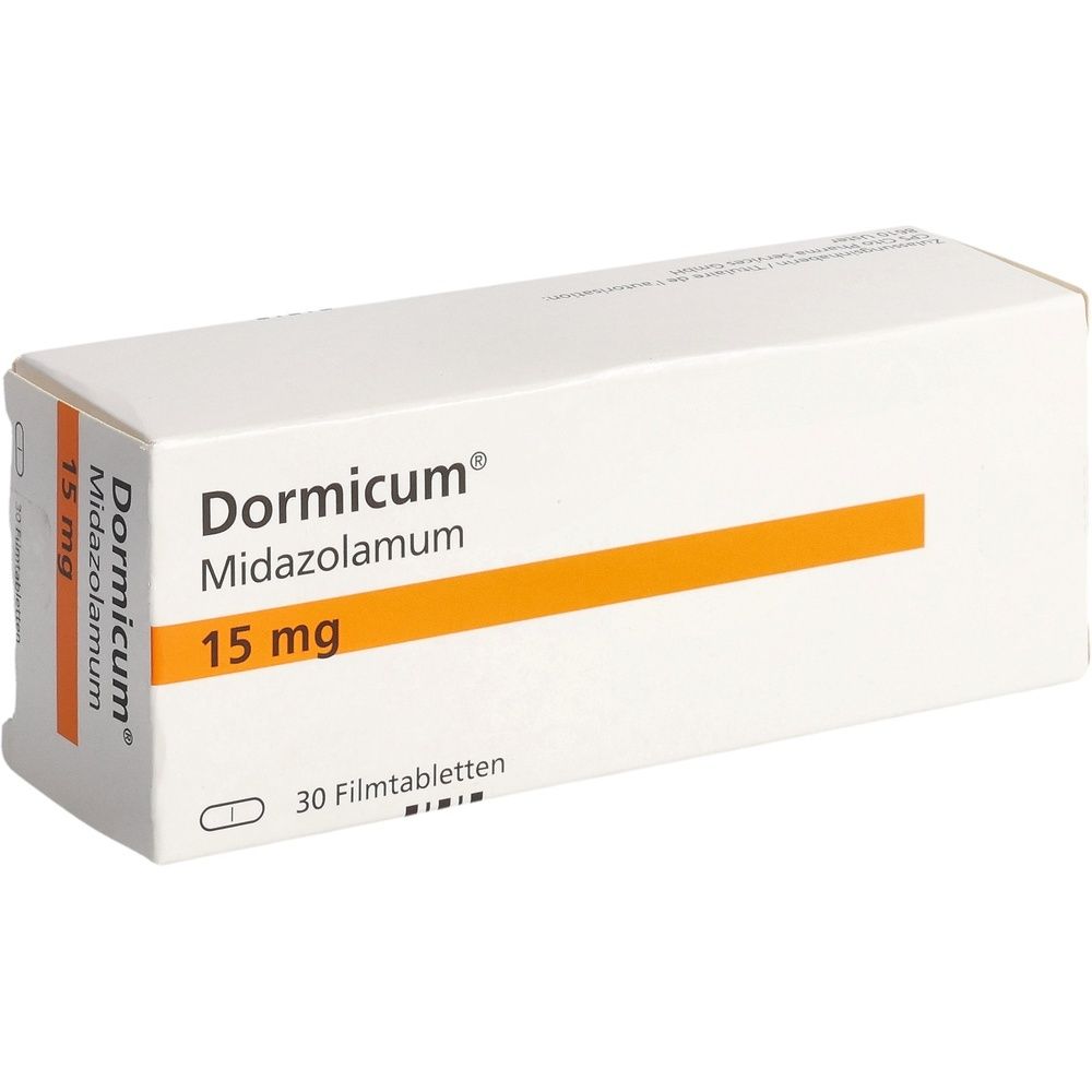 Kartonverpackung mit Produktinformationen. Text: Dormicum Filmtabl 15 mg 30 Stk. Weiß, orangefarben und graue Schrift.
