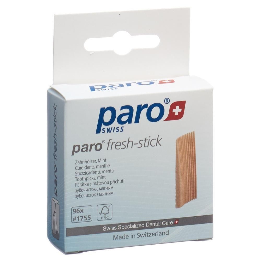 Boîte de cure-dents paro® fresh-stick à la menthe. 96 unités. Cure-dents en bois. Soins dentaires suisses.