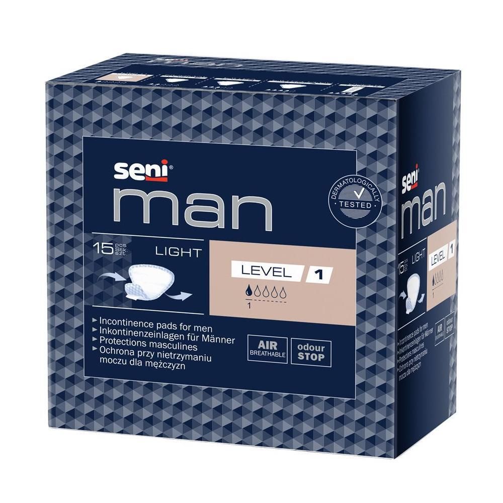 Seni Man Light Level 1 Inkontinenzpads für Männer, 15 Stück. Luftdurchlässig, geruchsneutralisierend.