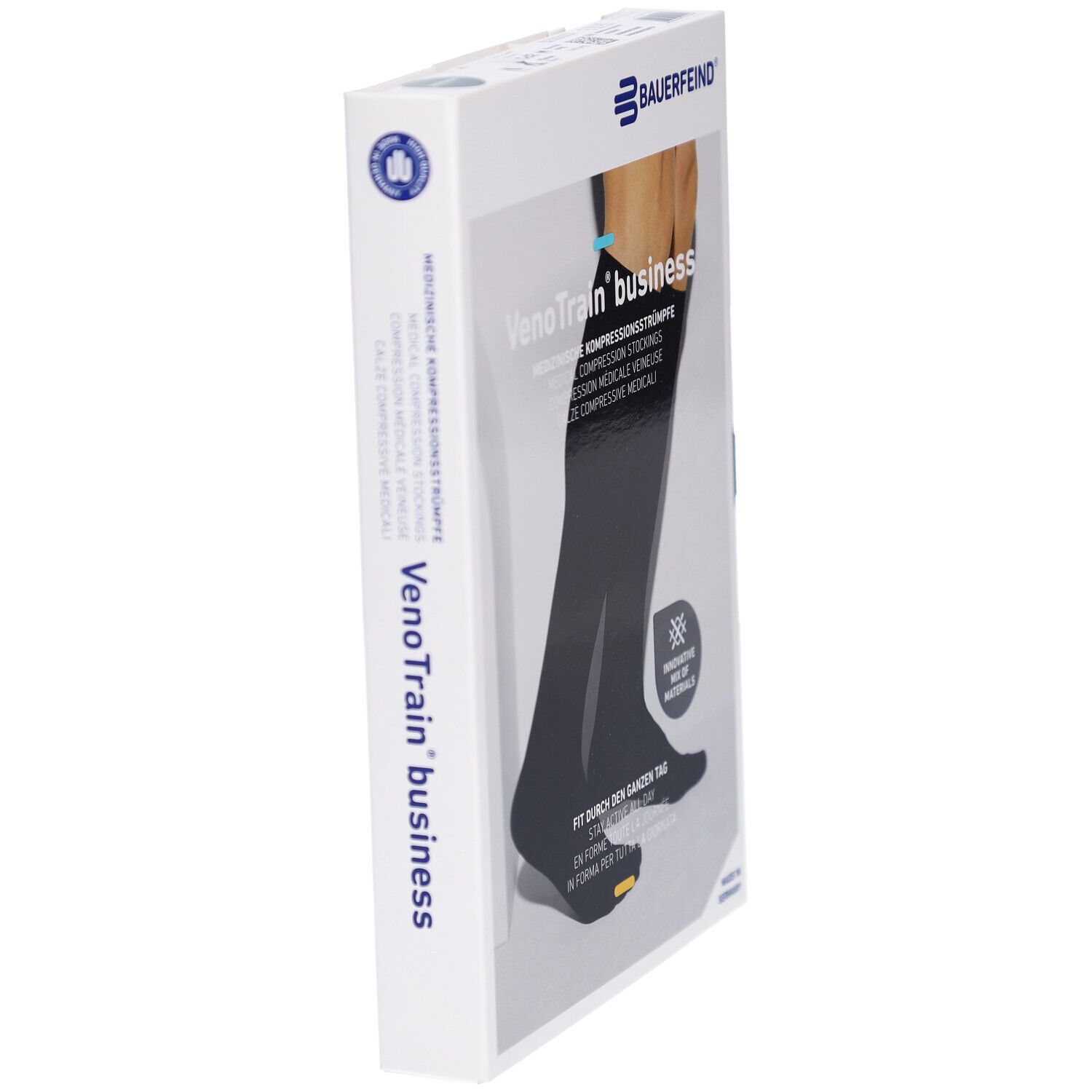 Verpackung mit Kompressionsstrümpfen. Marke: Bauerfeind. Produktname: VenoTrain business. Seitenansicht. Aufdruck: Innovative Materialmischung.