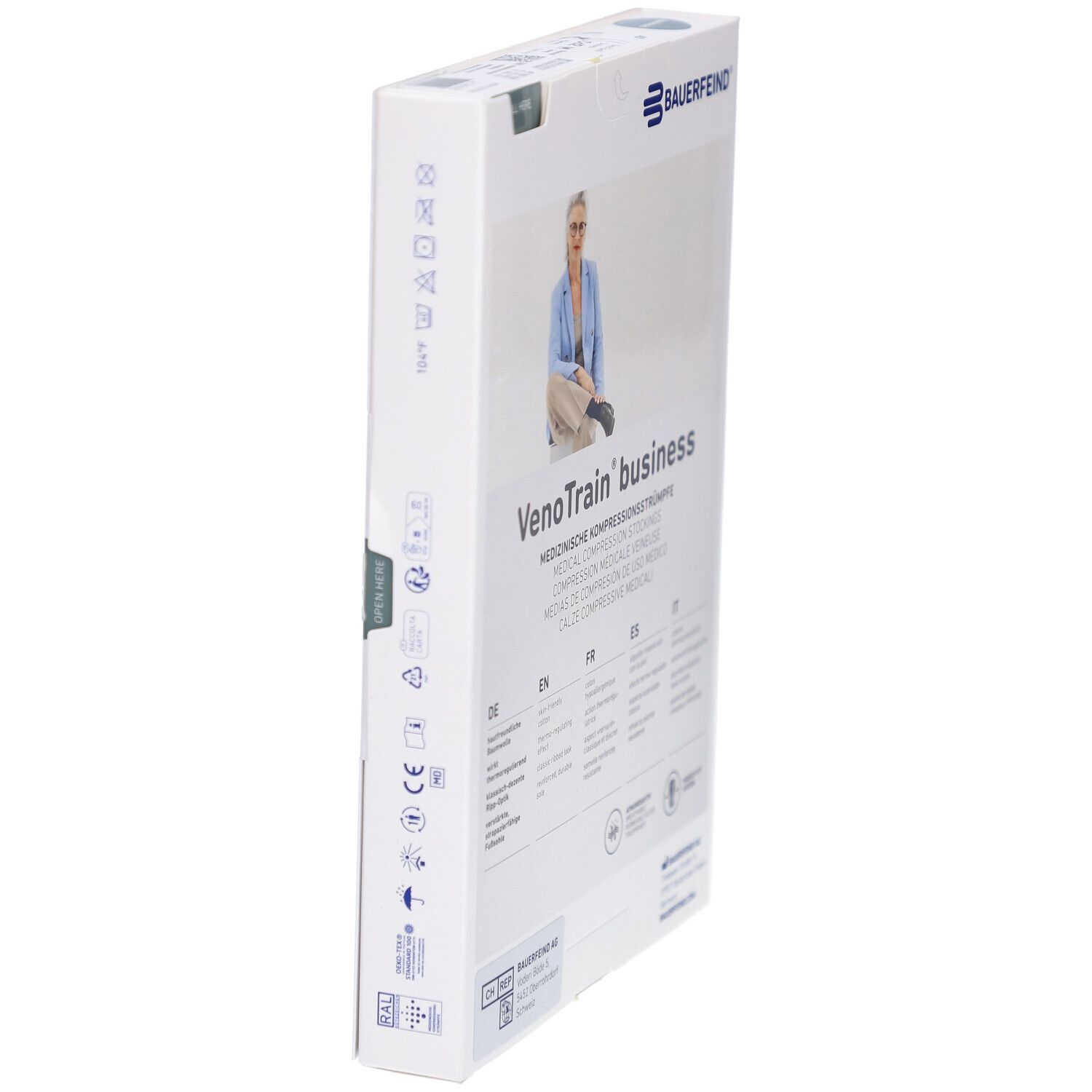 Verpackung mit Kompressionsstrümpfen. Marke: Bauerfeind. Produktname: VenoTrain business. Seitenansicht mit Produktinformationen und Symbolen.