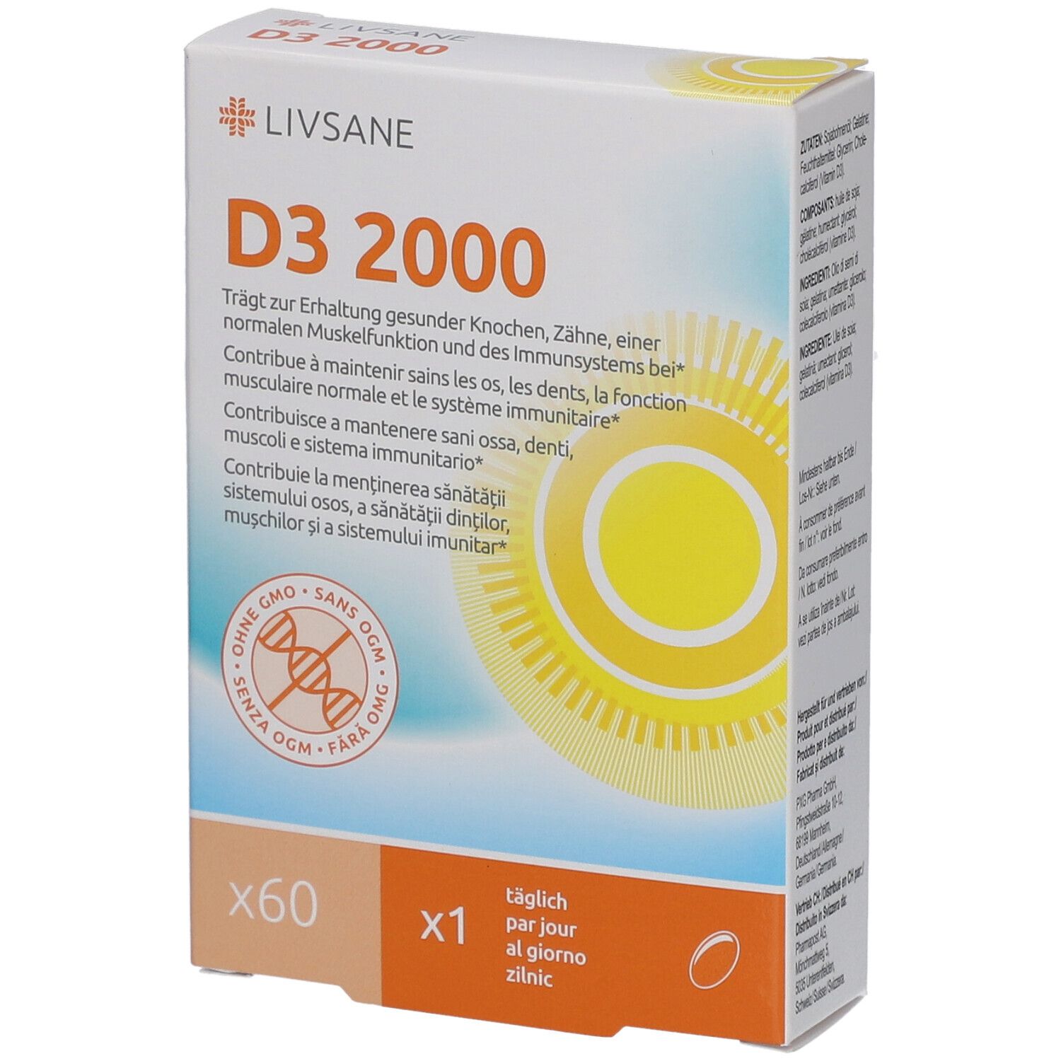 LIVSANE D3 2000-Verpackung. Enthält 60 Kapseln. Gelbe Sonne-Grafik. Text in Deutsch, Französisch, Italienisch, Rumänisch.