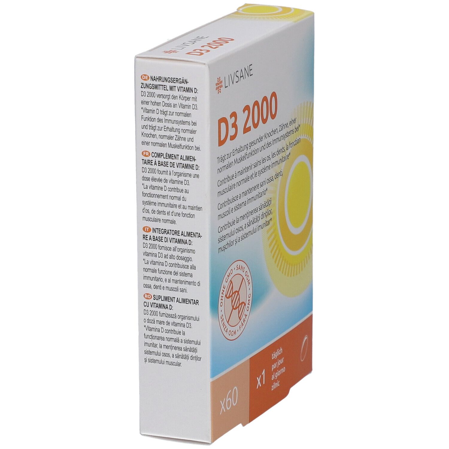 LIVSANE D3 2000-Verpackung, schräg. Enthält 60 Kapseln. Text in Deutsch, Französisch, Italienisch, Rumänisch. Gelbe Sonne-Grafik.