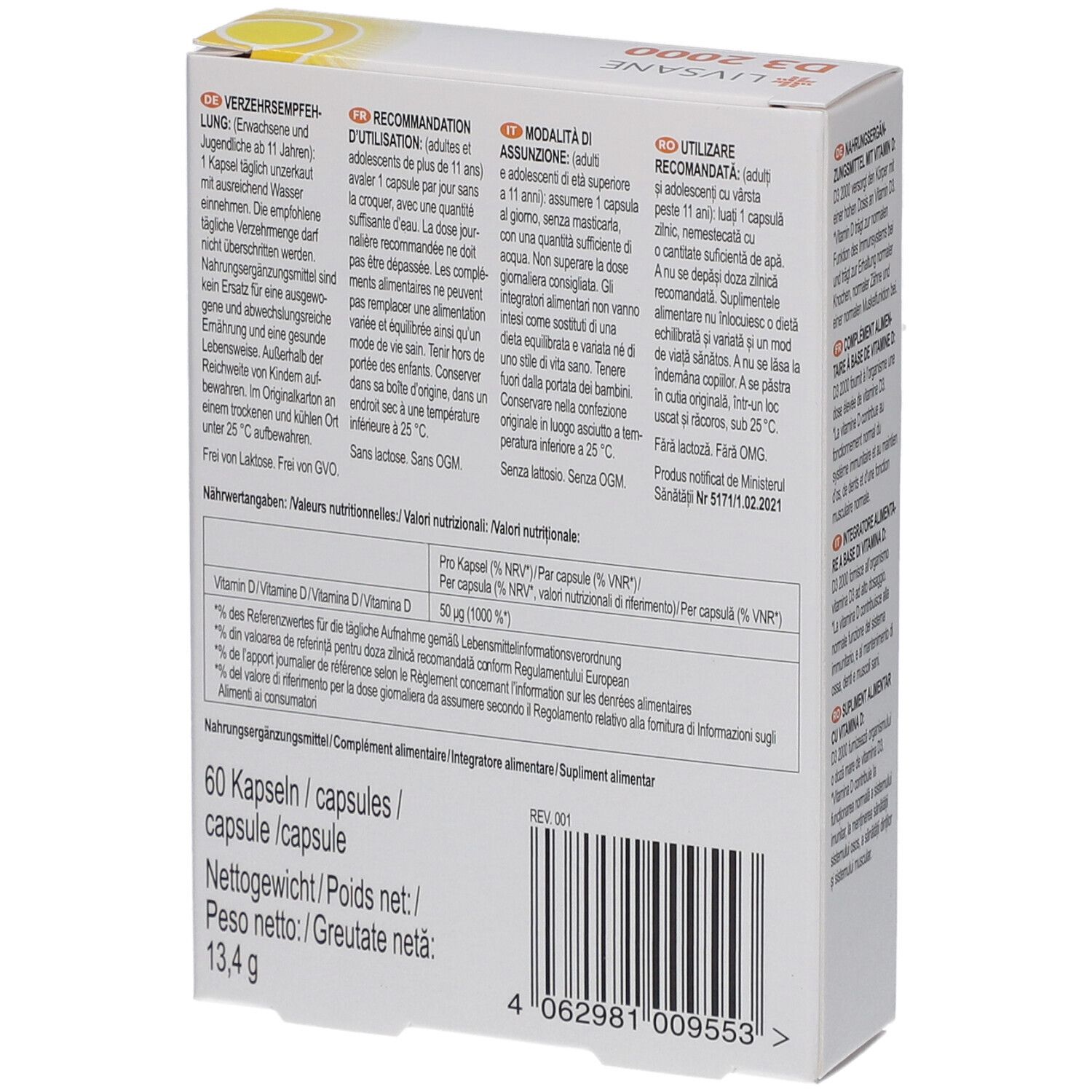 Rückseite der LIVSANE D3 2000-Verpackung. Enthält Informationen zu Inhaltsstoffen und Dosierung. Text in mehreren Sprachen.