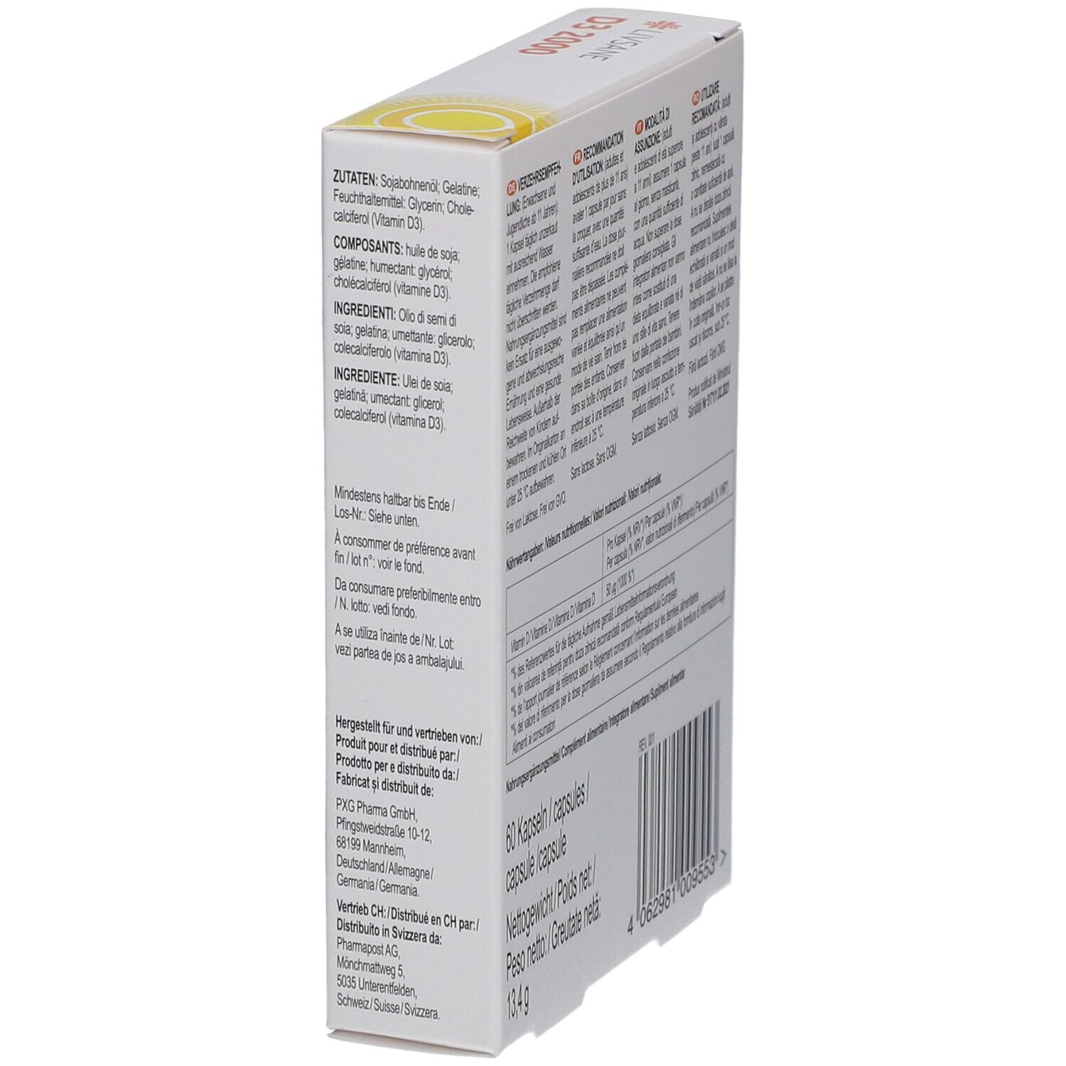 Seite der LIVSANE D3 2000-Verpackung. Enthält Informationen zu Inhaltsstoffen. Text in mehreren Sprachen. Barcode.