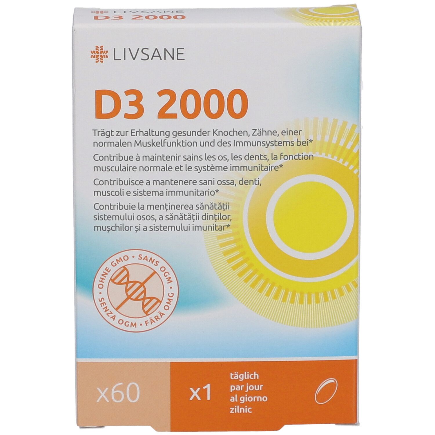 LIVSANE D3 2000-Verpackung. Enthält 60 Kapseln. Gelbe Sonne-Grafik. Text in Deutsch, Französisch, Italienisch, Rumänisch.