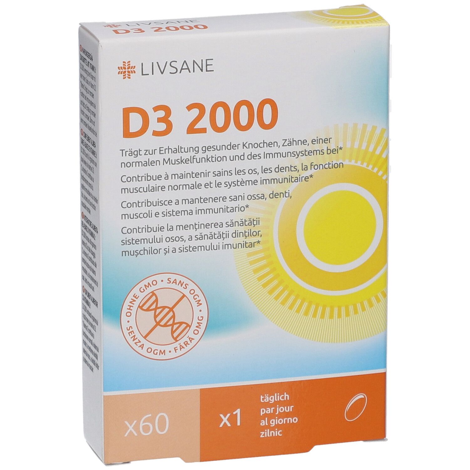 LIVSANE D3 2000-Verpackung. Enthält 60 Kapseln. Gelbe Sonne-Grafik. Text in Deutsch, Französisch, Italienisch, Rumänisch.